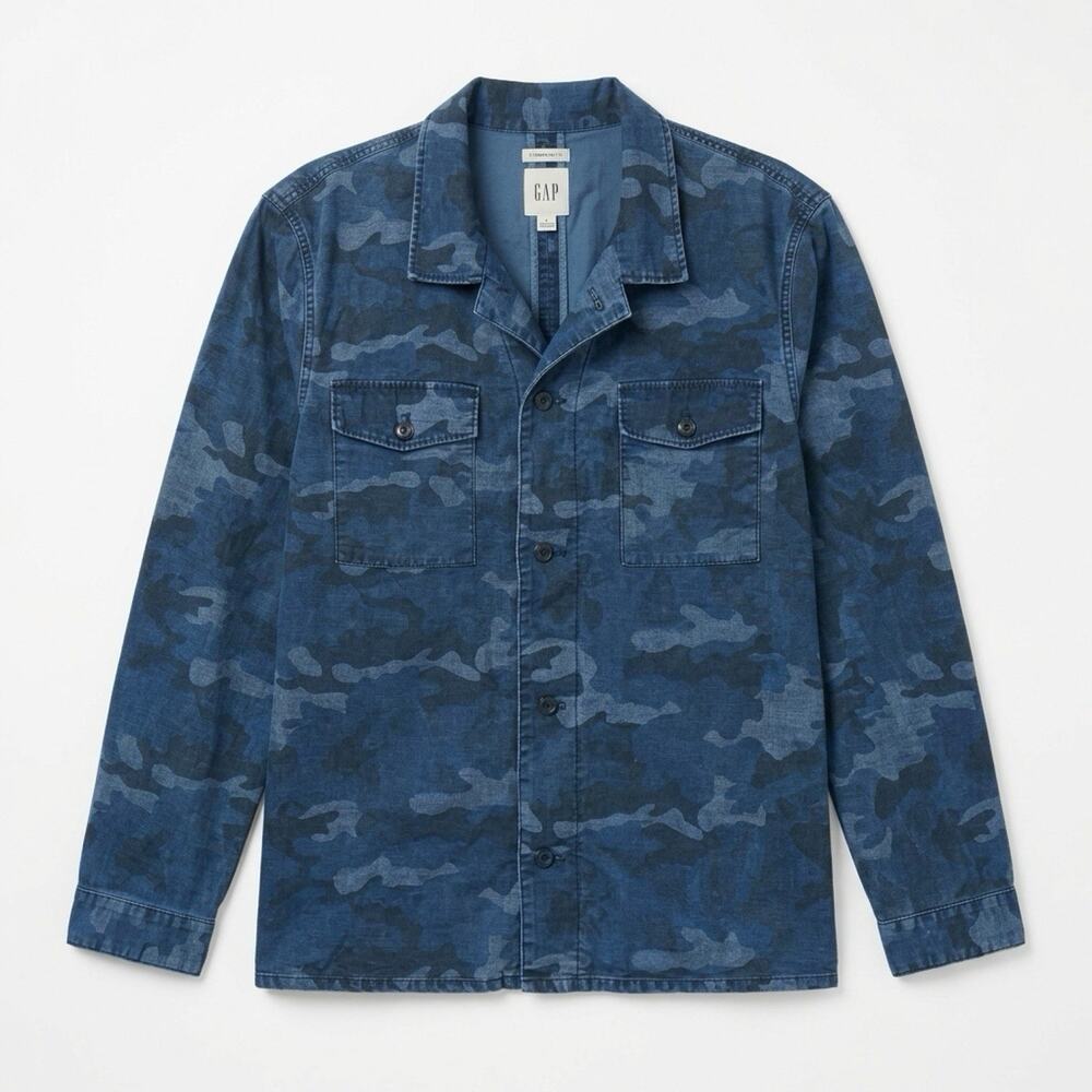 Gap Shacket Men XL Camouflage Canvas Blue Chore Jacket Button Up Over Shirt